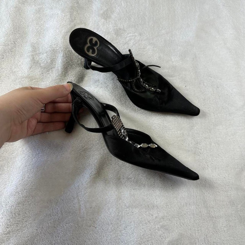 Escada black satin evening mules kitten heel pointed toe rhinestone y2k designer - Picture 3 of 5
